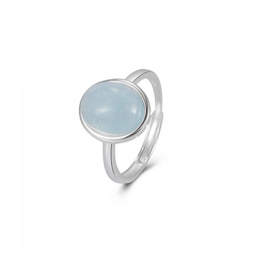 Sterling Silver Finger Ring, 925 Sterling Silver, with Aquamarine, Oval, adjustable & for woman, silver color, US Ring 