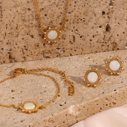 Fashion Stainless Steel Jewelry Sets, 304 Stainless Steel, with Opal, with 5cm extender chain, fashion jewelry & for woman, golden cm, 18 cm 