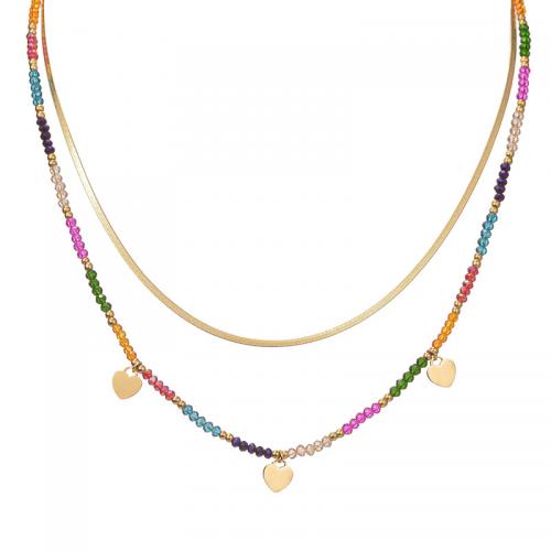 Petite perle en verre de collier 
, Acier inoxydable 304, avec Seedbead, avec 5cm chaînes de rallonge, Double couche & bijoux de mode & pour femme, multicolore cm, 39 cm, Vendu par PC