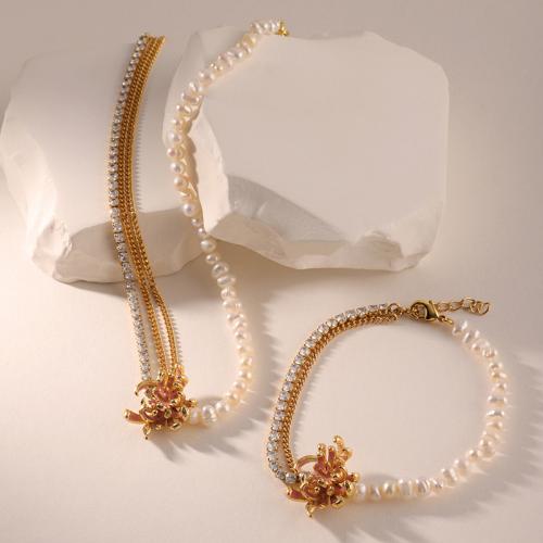 Ensembles de bijoux de perle d'eau douce en laiton, avec perle d'eau douce cultivée, Plaqué or 18K, bijoux de mode & pavé de micro zircon & pour femme .5 cm, 18 cm, Vendu par PC