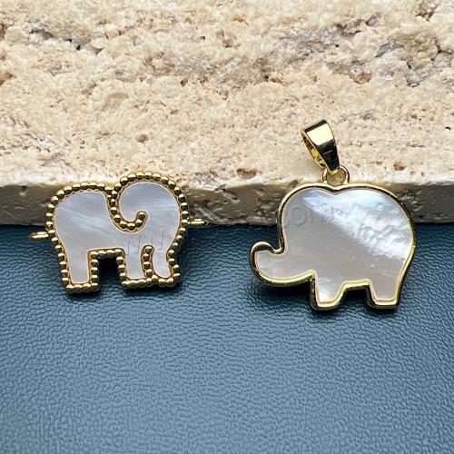 Brass Shell Pendants, with White Shell, Elephant, gold color plated, DIY 