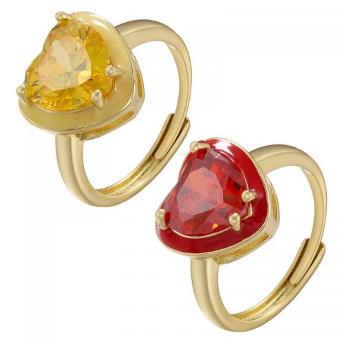 Rhinestone Brass Finger Ring, Heart, for woman & enamel & with rhinestone, golden 