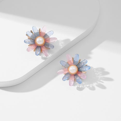 Boucle en plastique, avec perle de plastique & alliage de zinc, fleur, bijoux de mode, multicolore Vendu par paire