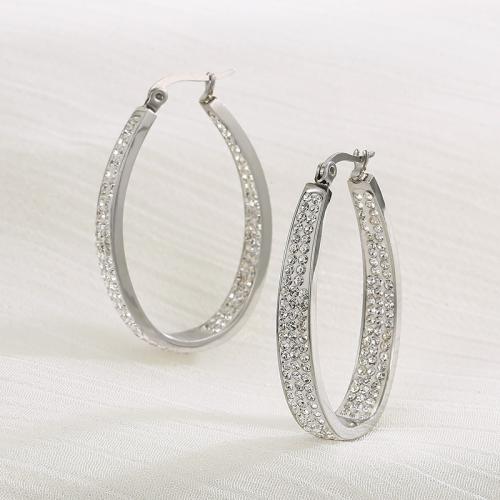 Stainless Steel Hoop Earring, 304 Stainless Steel, plated, fashion jewelry & for woman & with rhinestone, silver color 