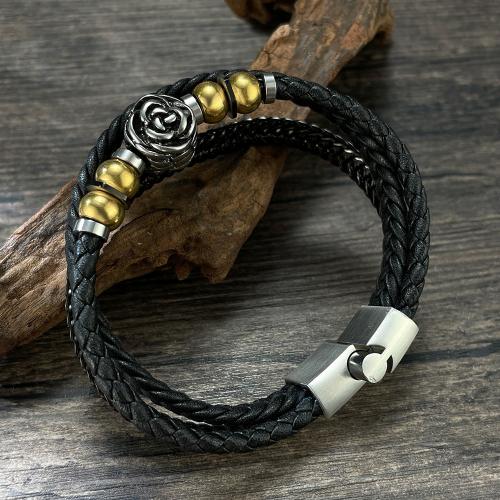 PU Leather Cord Bracelets, handmade, three layers & fashion jewelry & for man, black Approx 205 mm 