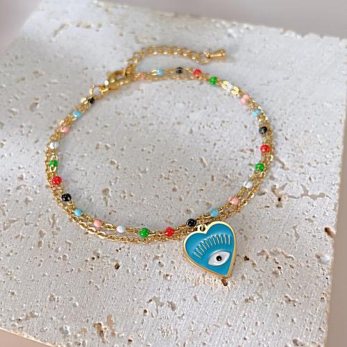 Evil Eye Jewelry Bracelet, 304 Stainless Steel, with 4cm extender chain, Double Layer & for woman & enamel Approx 16 cm 