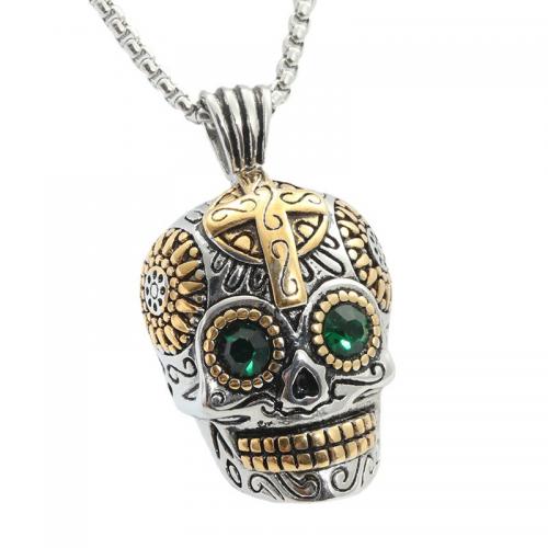 Stainless Steel Jewelry Necklace, 304 Stainless Steel, Skull, polished, Unisex & micro pave cubic zirconia The pendant is 52 mm high and 31 mm wide Approx 60 cm 