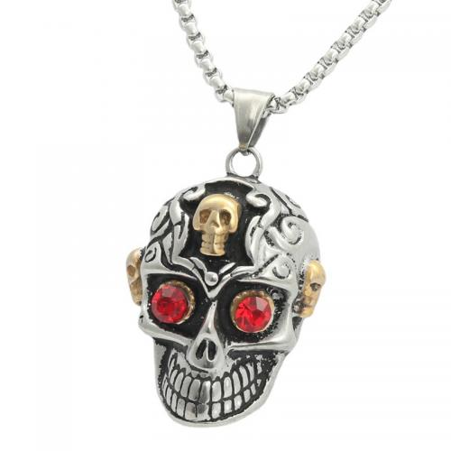 Stainless Steel Jewelry Necklace, 304 Stainless Steel, Skull, polished, Unisex & micro pave cubic zirconia The pendant is 46mm high and 30mm wide Approx 60 cm 