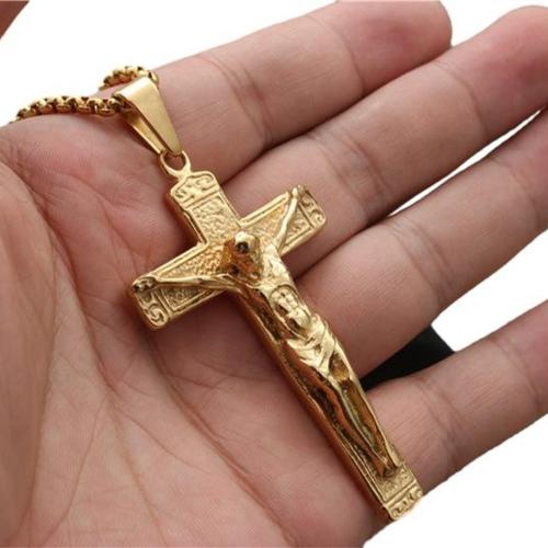 Stainless Steel Jewelry Necklace, 304 Stainless Steel, Cross, polished, Unisex golden, The pendant is 67mm high and 38mm wide Approx 60 cm 