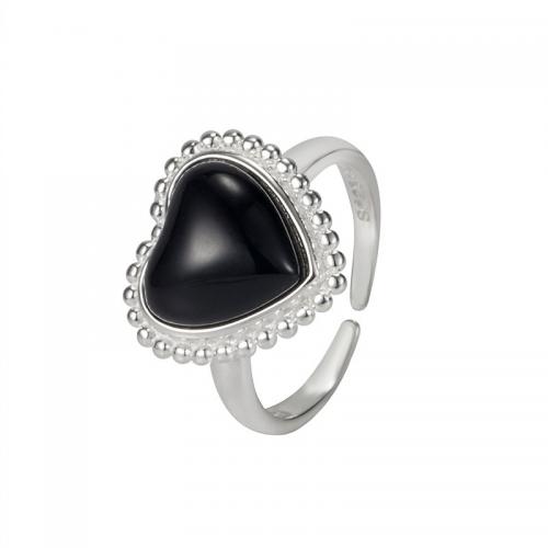 925 Sterling Silver Cuff Finger Ring, with Black Agate, Heart, fashion jewelry & adjustable & for woman, silver color, US Ring 