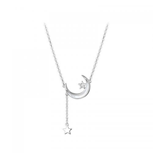 Sterling Silver Jewelry Necklace, 925 Sterling Silver, with White Shell, with 2inch extender chain, Moon and Star, platinum plated, fashion jewelry & for woman Approx 15.7 Inch 