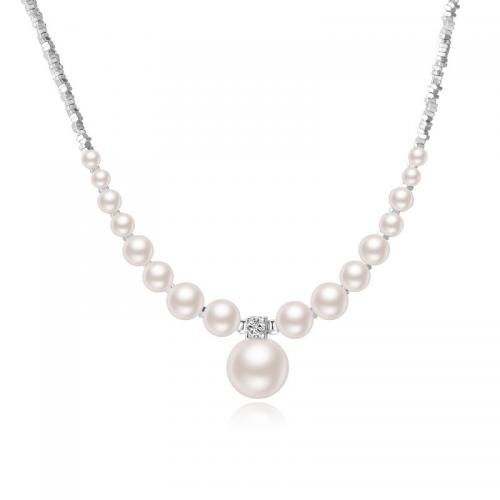 925 Sterling Silver Necklace, with Plastic Pearl, with 2inch extender chain, Round, for woman & with rhinestone, silver color Approx 15.7 Inch 