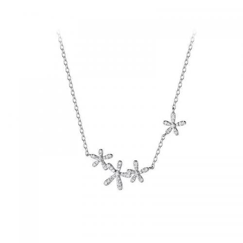 925 Sterling Silver Necklace, with 2inch extender chain, Flower, platinum plated, for woman & with rhinestone Approx 15.7 Inch 