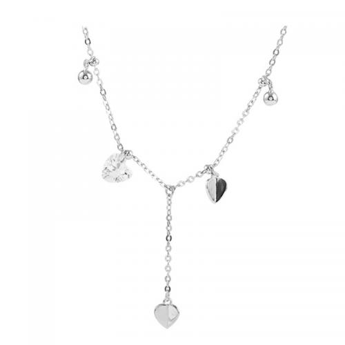 925 Sterling Silver Necklace, with 2inch extender chain, Heart, platinum plated, fashion jewelry & for woman & with rhinestone Approx 15.7 Inch 