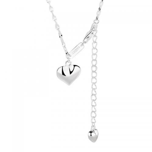 925 Sterling Silver Necklace, with 2inch extender chain, Heart, fashion jewelry & for woman, silver color Approx 15.7 Inch 