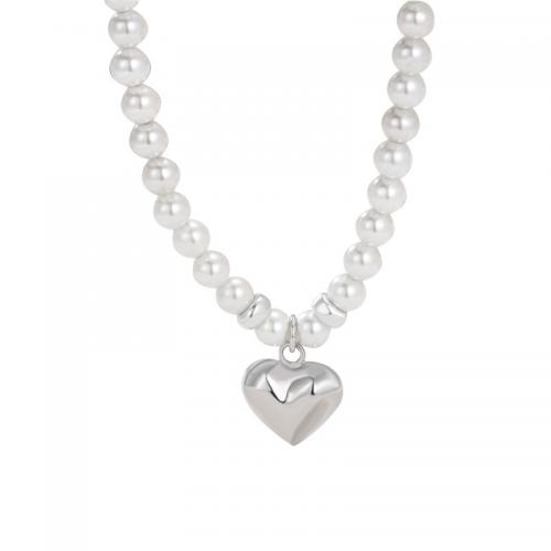 925 Sterling Silver Necklace, with Plastic Pearl, with 2inch extender chain, Heart, fashion jewelry & for woman, silver color Approx 15.7 Inch 