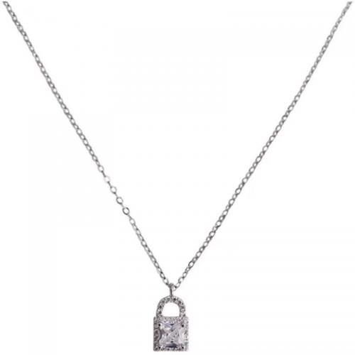 925 Sterling Silver Necklace, with 2inch extender chain, Lock, fashion jewelry & micro pave cubic zirconia & for woman, silver color Approx 15.7 Inch 