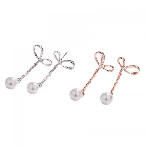 925 Sterling Silver Drop Earring, with Plastic Pearl, Bowknot, plated, for woman & with rhinestone 30mm 