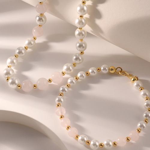 Brass Jewelry Set, with Natural Stone & Glass Pearl, 18K gold plated, fashion jewelry & for woman, white cm, 18.5 cm 