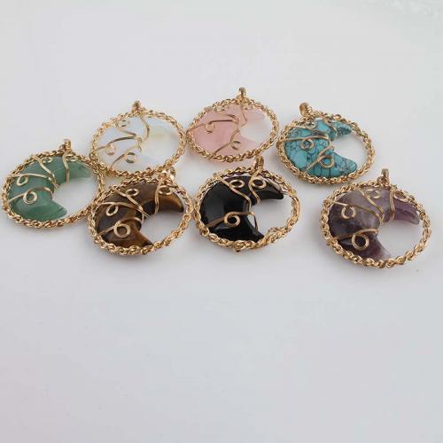 Gemstone Brass Pendants, with Brass, Moon, gold color plated, fashion jewelry & DIY & hollow 