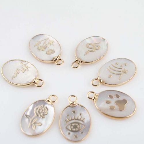 Brass Shell Pendants, White Shell, with Brass, Flat Oval, gold color plated, fashion jewelry & DIY 