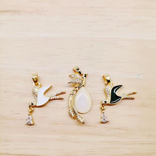 Cubic Zirconia Micro Pave Brass Pendant, with Cubic Zirconia & Cats Eye, Bird, gold color plated, DIY & enamel [