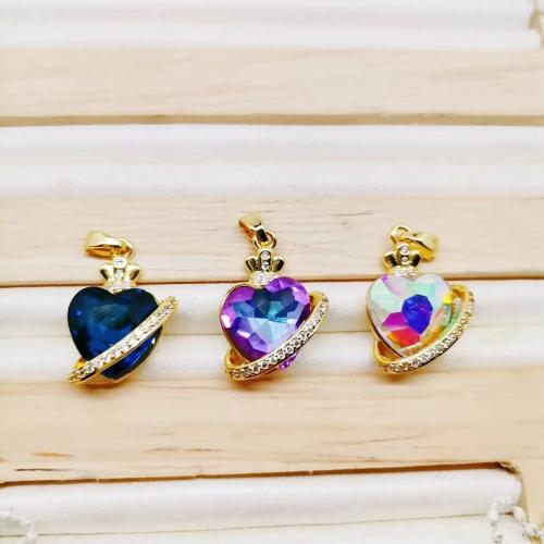 Crystal Brass Pendants, with Crystal, Heart, gold color plated, DIY & micro pave cubic zirconia 