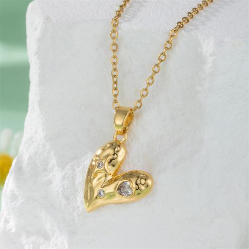 Stainless Steel Jewelry Necklace, 304 Stainless Steel, with 1.97inch extender chain, Heart, Vacuum Ion Plating, fashion jewelry & micro pave cubic zirconia & for woman, golden Approx 15.75 Inch 