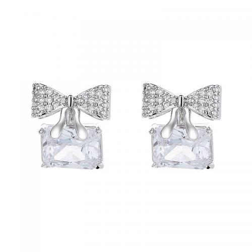 Cubic Zirconia Micro Pave Brass Earring, Bowknot, fashion jewelry & micro pave cubic zirconia & for woman, silver color 