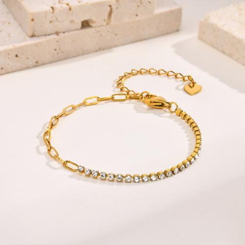 Titanium Steel Bracelet & Bangle, with 1.97inch extender chain, Vacuum Ion Plating, fashion jewelry & micro pave cubic zirconia & for woman, golden, 2mm Approx 6.3 Inch 