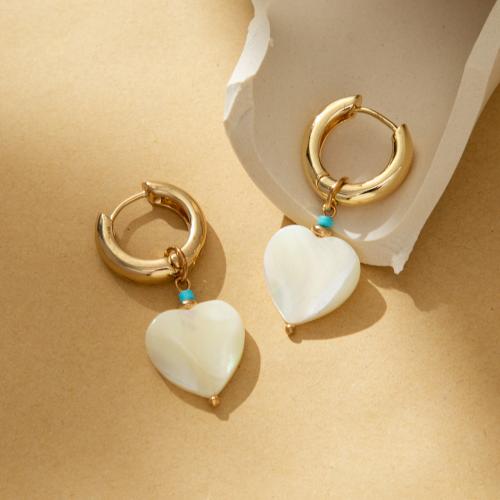 Brass Drop Earring, with Shell, Heart, plated, fashion jewelry, white 