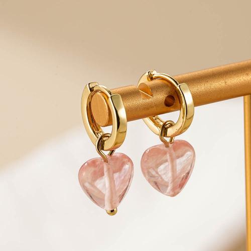 Boucle d'oreille en demi-gemme , laiton, avec Pierre naturelle, coeur, Placage, bijoux de mode, rose Vendu par paire
