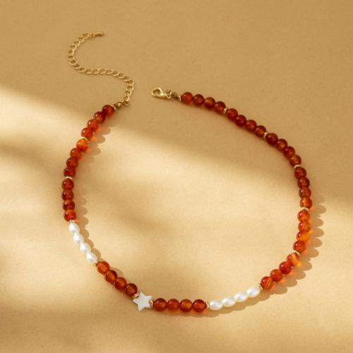 Gemstone Necklaces, Brass, with Natural Stone & Shell & Plastic Pearl, with 7cm extender chain, plated, fashion jewelry, red cm 