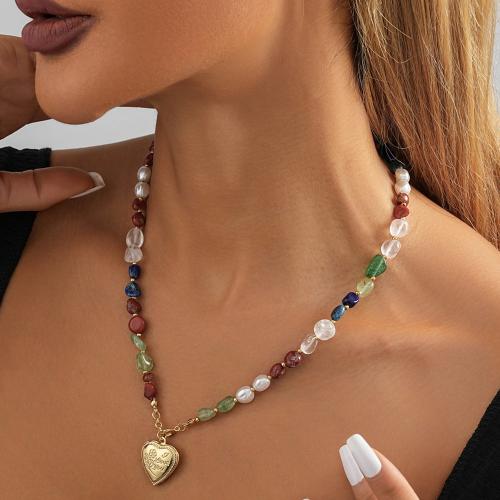 Gemstone Necklaces, Brass, with Natural Stone, Heart, plated, fashion jewelry, multi-colored cm 