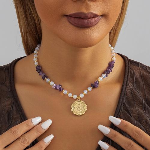 Gemstone Necklaces, Zinc Alloy, with Natural Stone, with 7cm extender chain, Round, plated, fashion jewelry, purple cm 