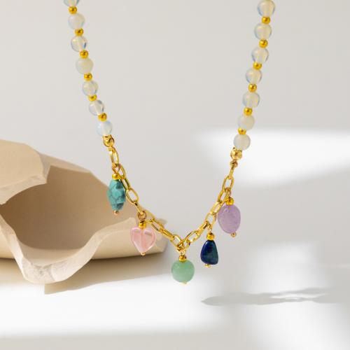 Gemstone Necklaces, Brass, with Natural Stone, with 7cm extender chain, fashion jewelry, multi-colored cm 