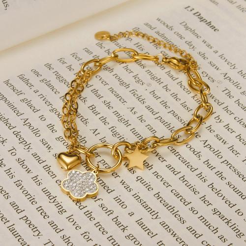 Stainless Steel Chain Bracelets, 304 Stainless Steel, with 5.5cm extender chain, plated, fashion jewelry & micro pave cubic zirconia & for woman, gold Approx 16.5 cm 