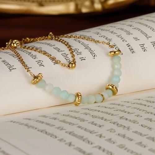 Gemstone Bracelets, 304 Stainless Steel, with Natural Stone, with 5.5cm extender chain, plated, Double Layer & fashion jewelry & for woman, gold Approx 16.5 cm 