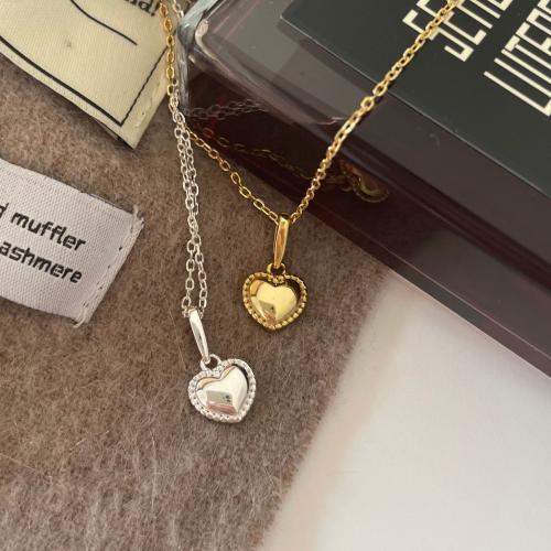 925 Sterling Silver Necklace, Heart, plated, Korean style & for woman Approx 16 Inch 