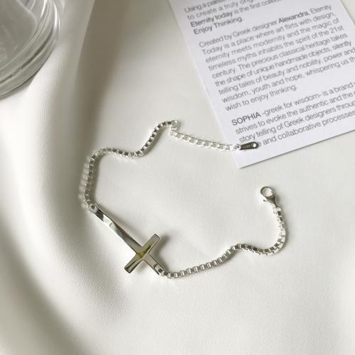 925 Sterling Silver Bracelet, Cross, Korean style & box chain & for woman, silver color Approx 6.3 Inch 