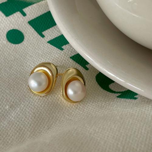 925 Sterling Silver Stud Earring, with Freshwater Pearl, plated, Korean style & for woman 