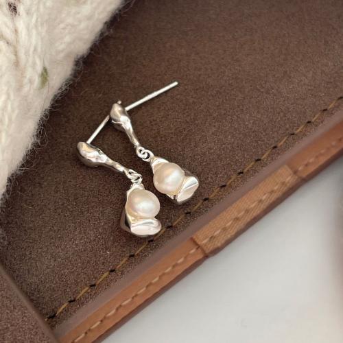 925 Sterling Silver Drop Earring, with Plastic Pearl, plated, Korean style & for woman 20mm 