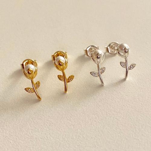 925 Sterling Silver Stud Earring, with Freshwater Pearl, Flower, plated, Korean style & for woman 
