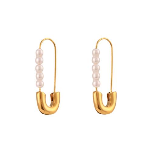 Edelstahl Tropfen Ohrring, 304 Edelstahl, mit Kunststoff Perlen, Vakuum-Ionen-Beschichtung, Modeschmuck & für Frau, goldfarben, 28x10mm, verkauft von Paar