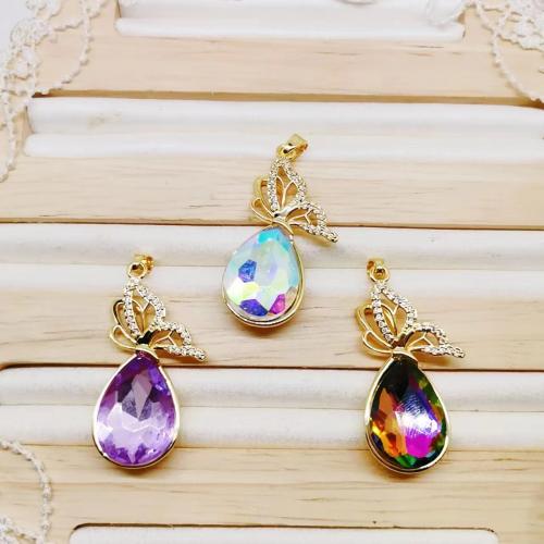 Crystal Brass Pendants, with Crystal, Teardrop, gold color plated, DIY & micro pave cubic zirconia 