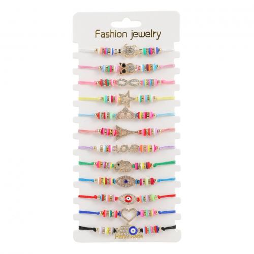 Polymer Clay Bracelets, Zinc Alloy, with Knot Cord & Paper & Polymer Clay, gold color plated, Adjustable & fashion jewelry & for woman & with rhinestone & mixed, mixed colors Approx 18-23 cm 