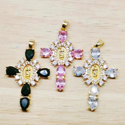 Cubic Zirconia Micro Pave Brass Pendant, Cross, gold color plated, fashion jewelry & DIY & micro pave cubic zirconia 