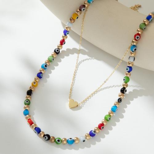 Colliers de pierres précieuses, laiton, avec Pierre naturelle, coeur, Placage, Double couche & bijoux de mode, multicolore, Vendu par PC