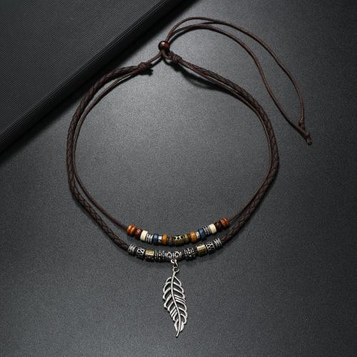 PU Leather Cord Necklace, Zinc Alloy, with PU Leather Cord & Wax Cord & Wood, handmade, vintage & for man, gold Approx 40-60 cm 