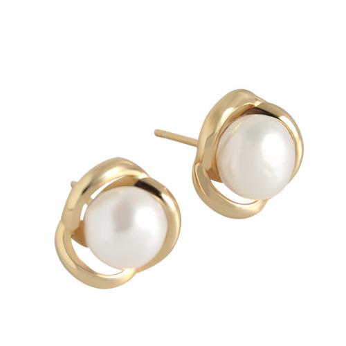 925 Sterling Silver Stud Earring, with Plastic Pearl, Flower, Plating champagne gold, Korean style & for woman, 10mm 